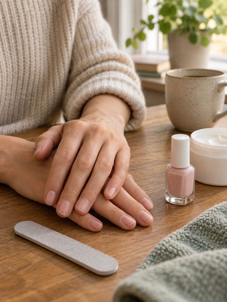 Short bare fingernails beside simple nail care items during recovery from gel removal