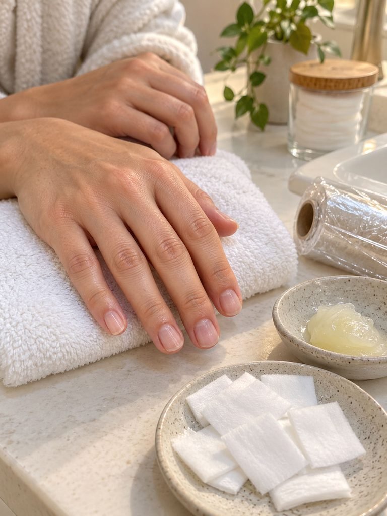 Bare short fingernails resting beside cotton, petroleum jelly and plastic wrap used for careful gel removal