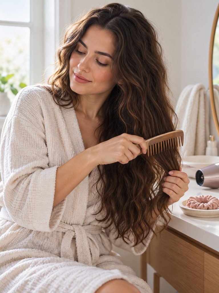 Woman with long thick wavy hair air drying while using a wide tooth comb and loose hair tie
