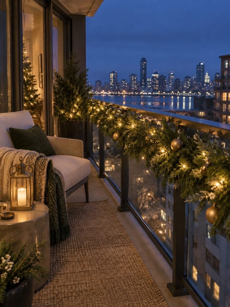 Apartment balcony with warm lights, evergreen garland, and restrained gold Christmas ornaments
