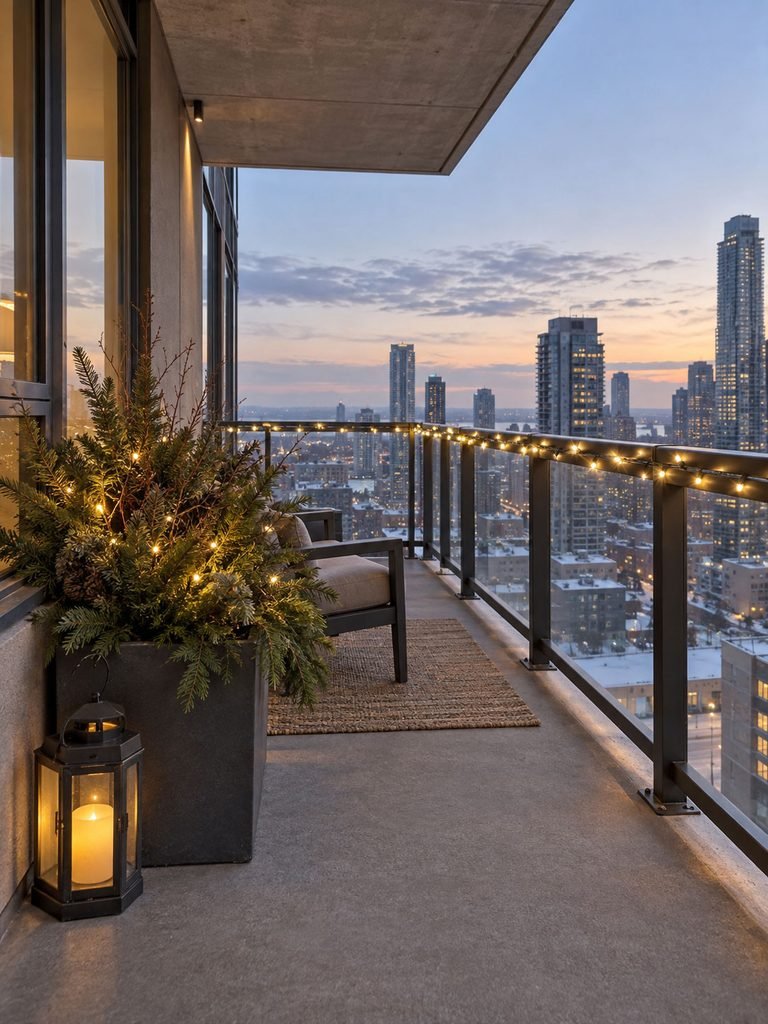 Exposed high rise balcony with low Christmas greenery, secured warm lights, and no loose hanging decorations