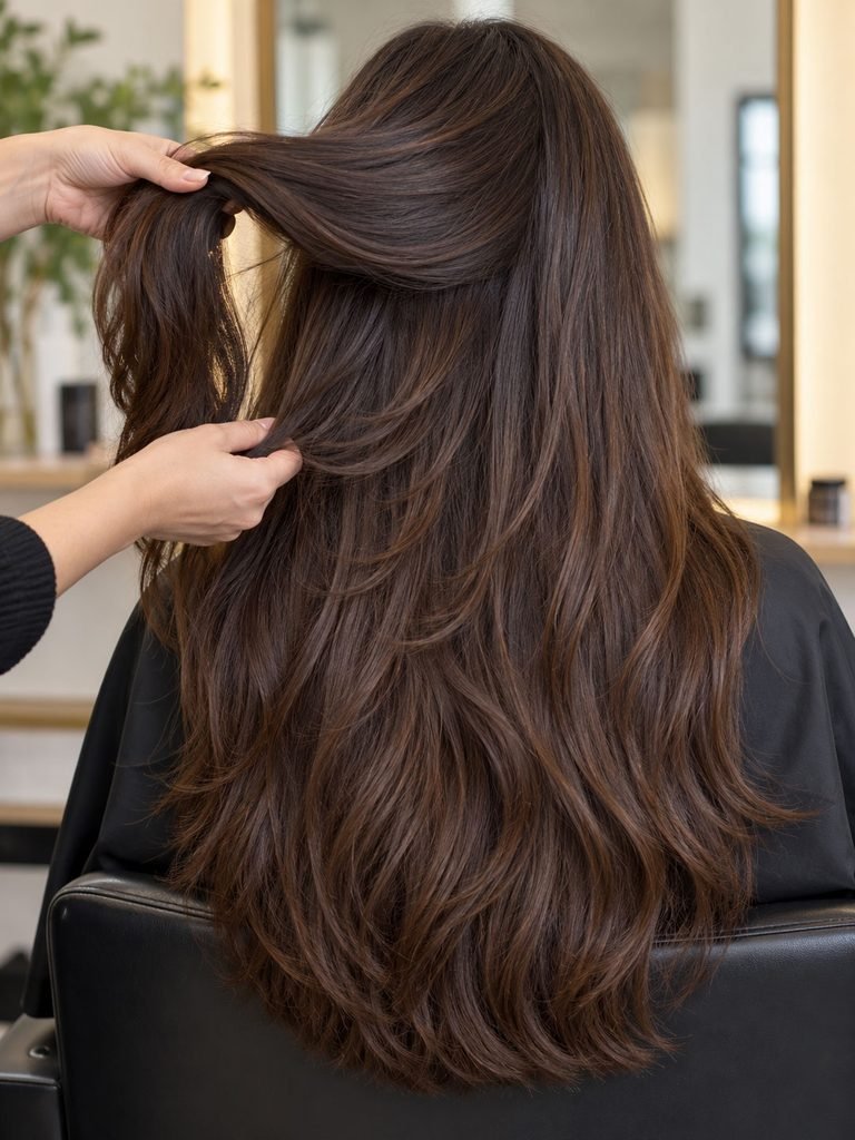 Stylist lifting the surface of long thick hair to reveal shorter blended interior sections