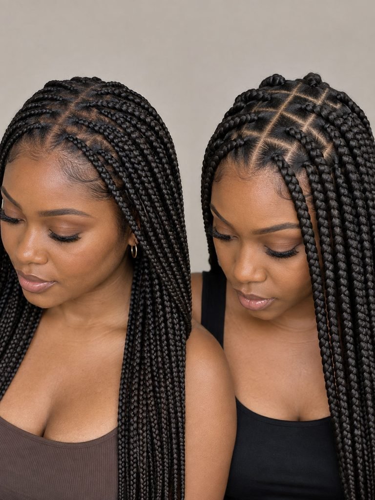 Two Black women showing medium knotless braids and traditional box braids from close range