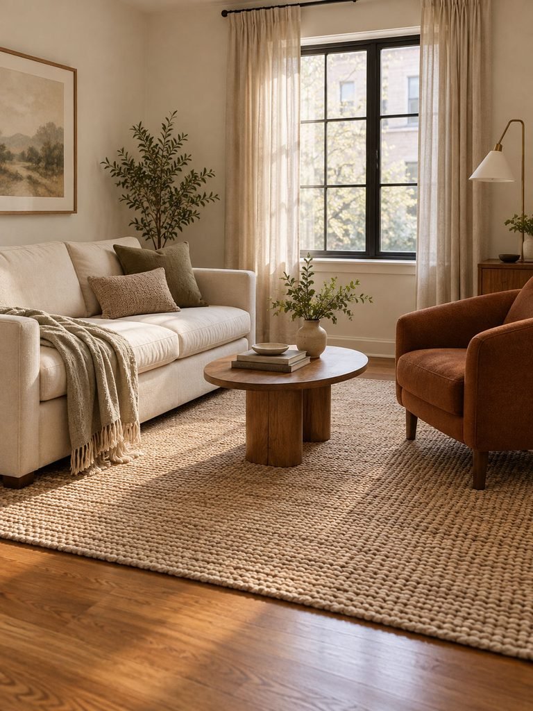 Small living room with a woven rug reaching beneath the sofa and chair