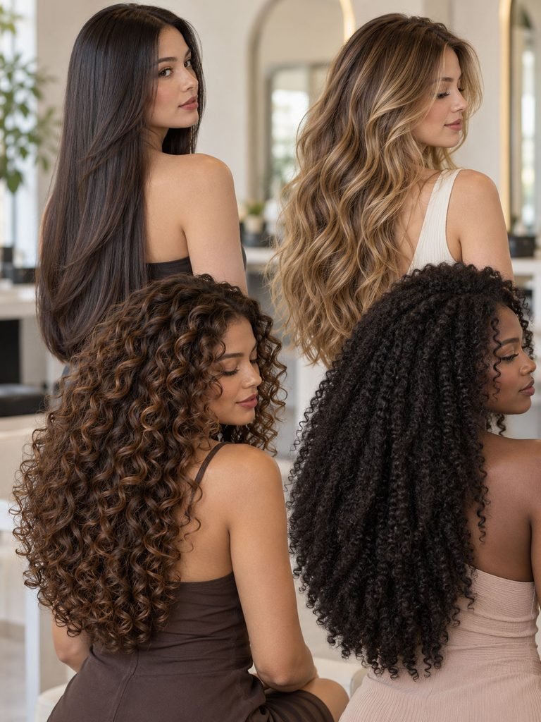 Women with straight, wavy, curly and coily long thick hair wearing customized layers