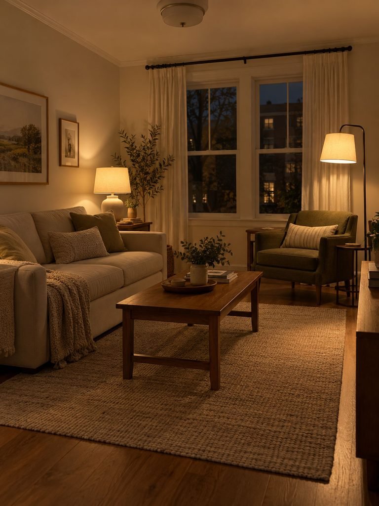 Small living room lit by a table lamp and floor lamp around the seating area
