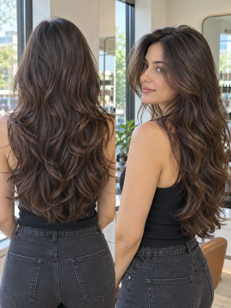Long thick wavy hair with blended layers and natural surface texture