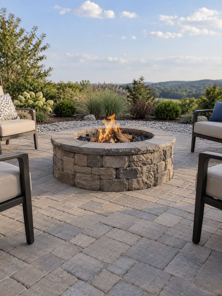 Stone fire pit centered on level pavers with gravel border and low landscaping beyond the seating area