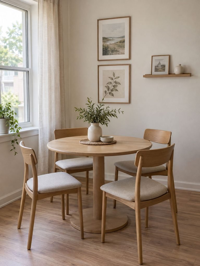Compact rental dining area with two framed prints and a slim removable picture ledge