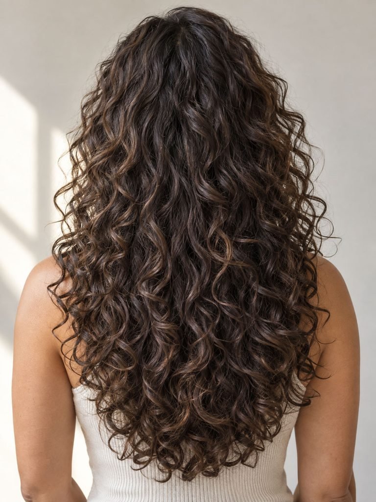 Back view of long natural curls with subtle layers and a visibly full bottom edge