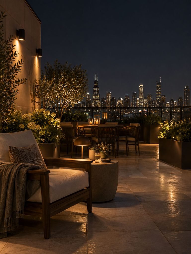 Shielded warm rooftop lights illuminating seating while the city skyline remains visible