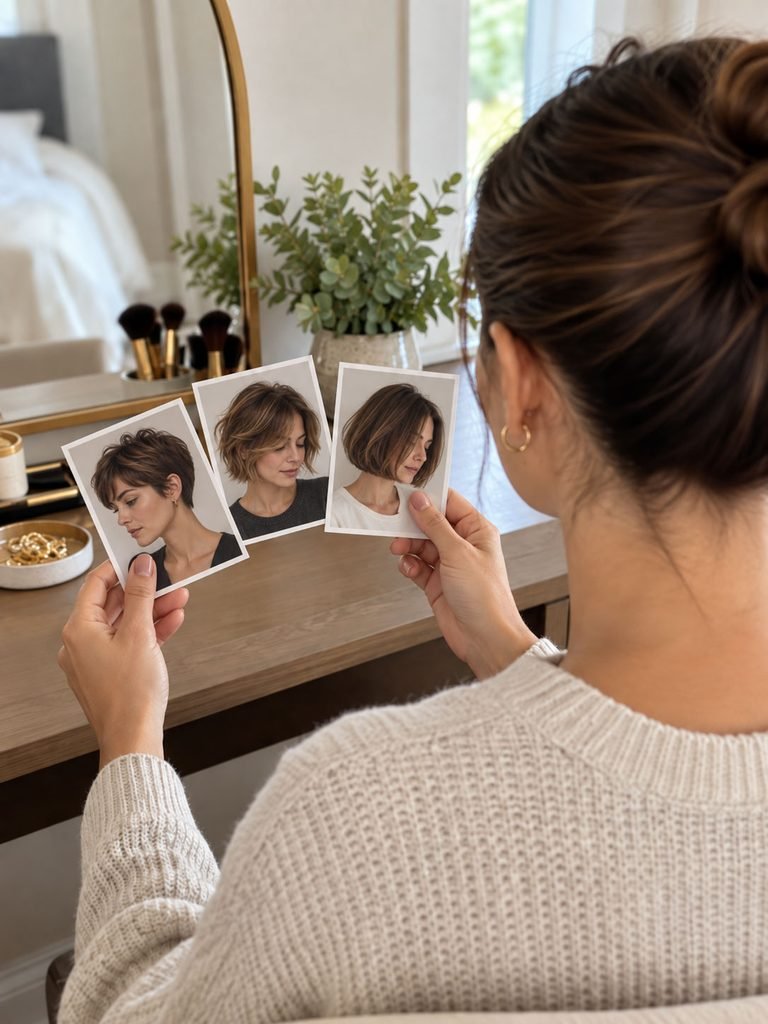 Woman looking at short pixie, bixie and bob reference photos before a haircut