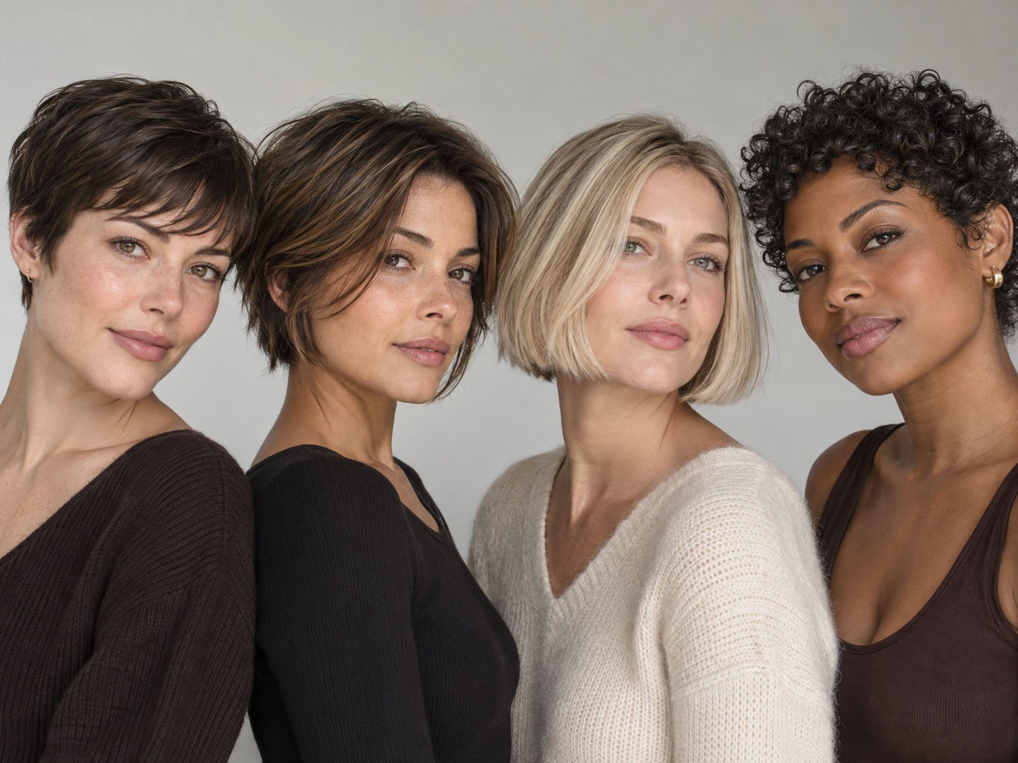 Four women wearing a soft pixie, bixie, French bob and curly short crop