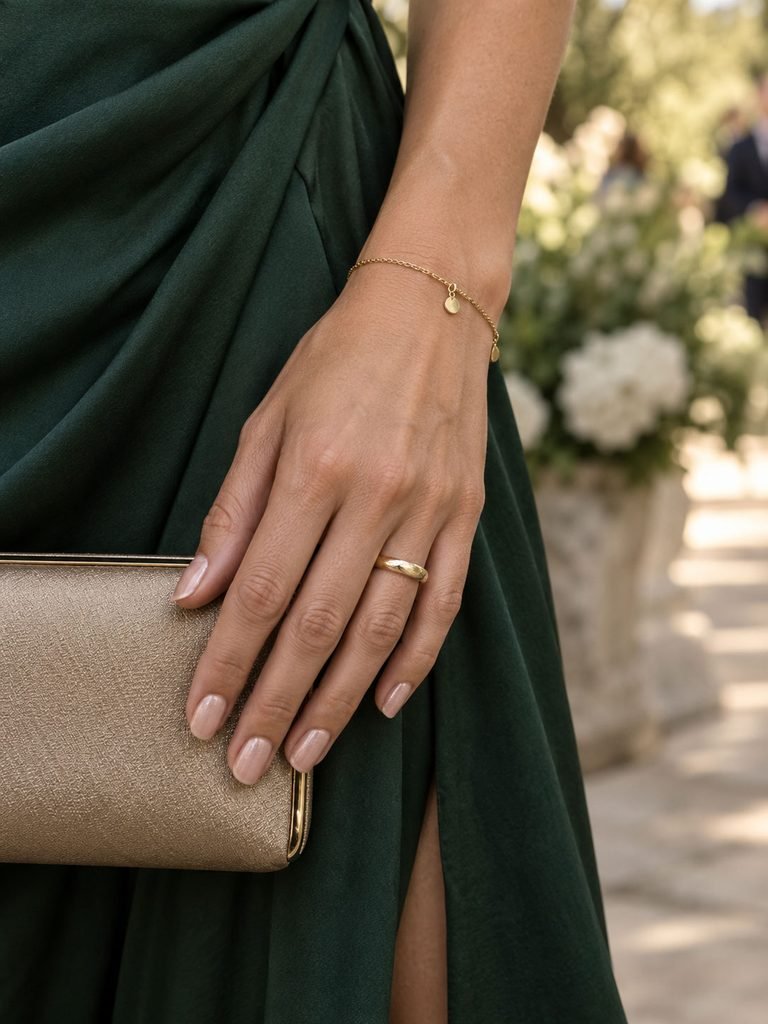 Blush pearl nails beside a deep green dress, gold jewelry and neutral clutch
