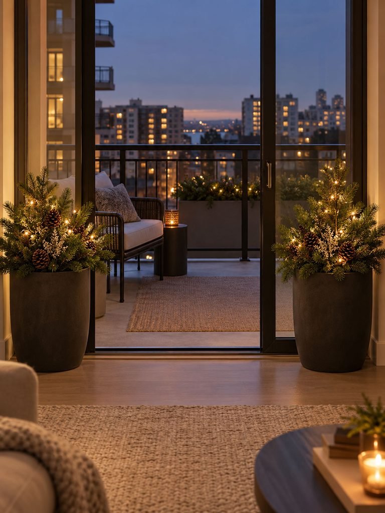 Two matching evergreen planters framing the inside of a balcony door with warm lights