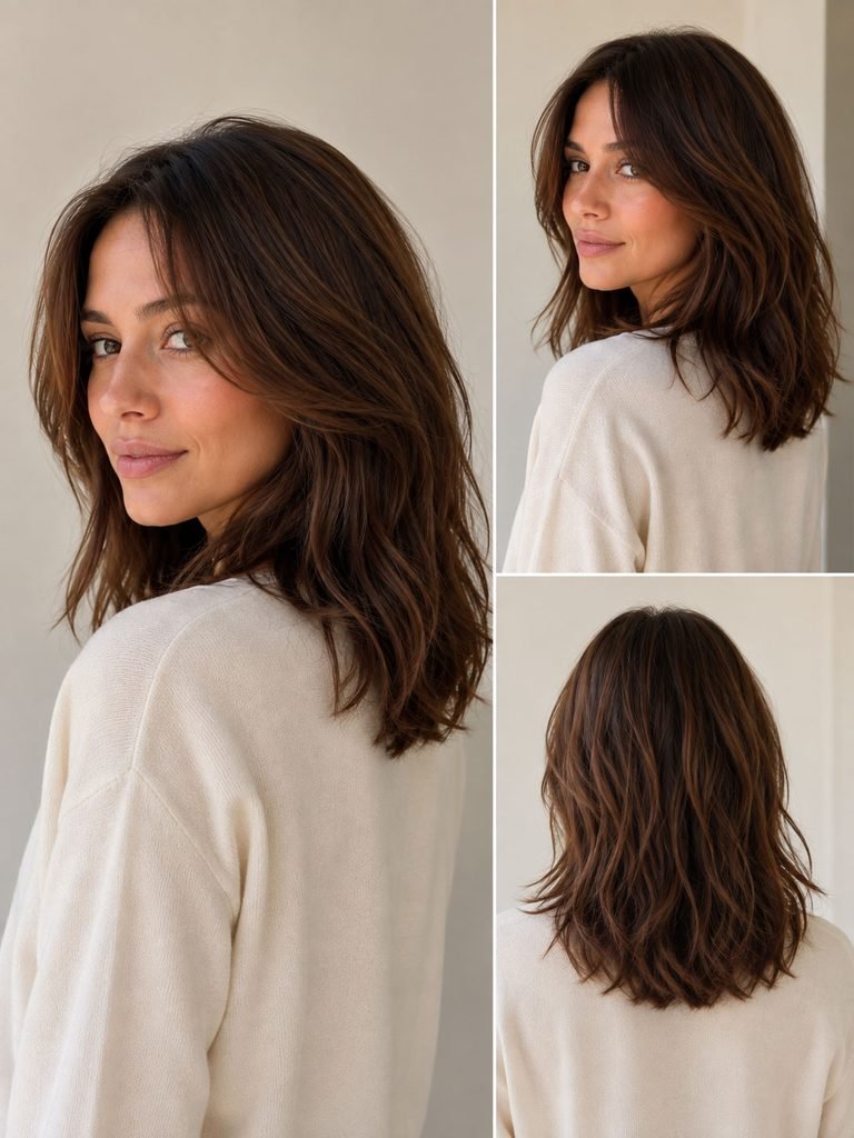 Woman with collarbone-length hair and long blended layers through the ends