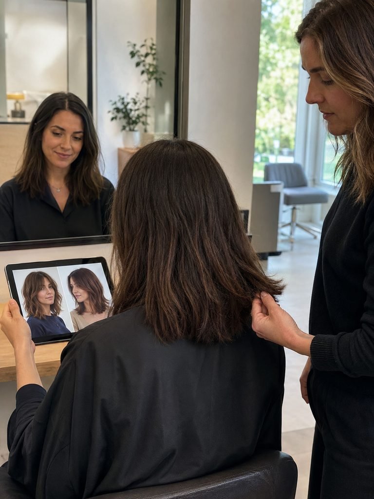 Woman and hairstylist comparing medium haircut options during a salon consultation