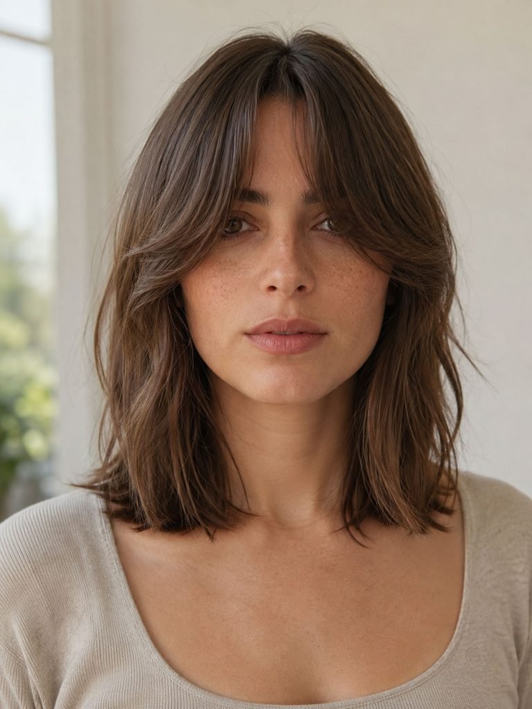 Woman with collarbone-length hair and a long curtain fringe blending into face-framing layers
