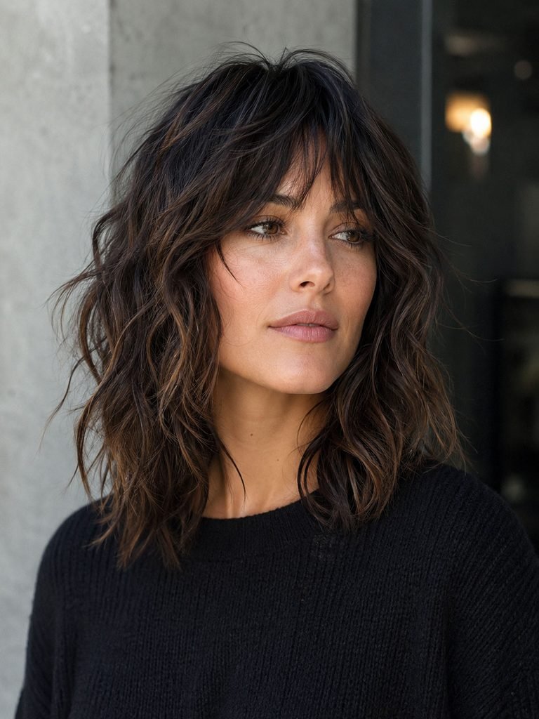 Woman wearing a medium shag with short crown layers and textured fringe