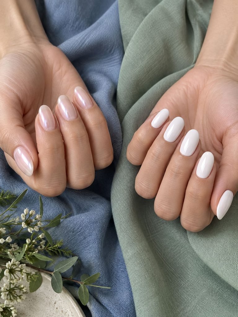 Milky pearl nails beside crisp opaque white manicure samples