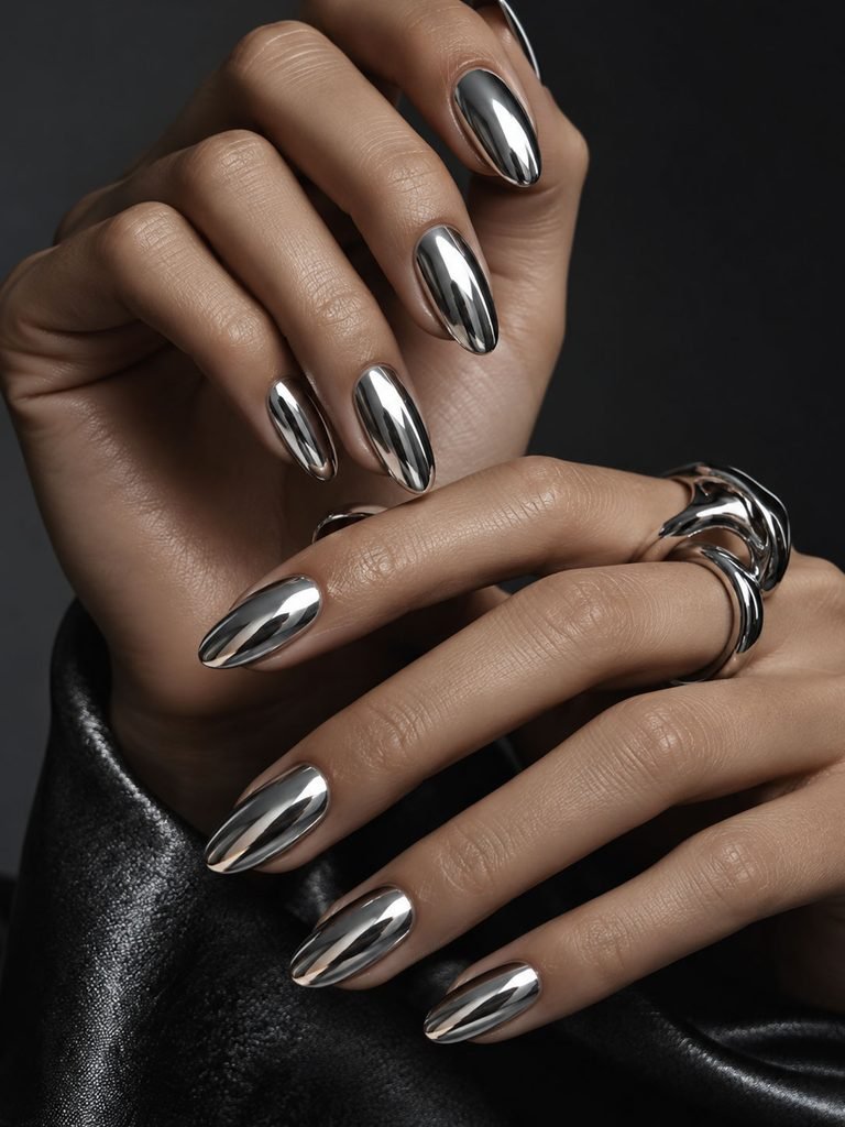 Reflective molten silver metallic nails