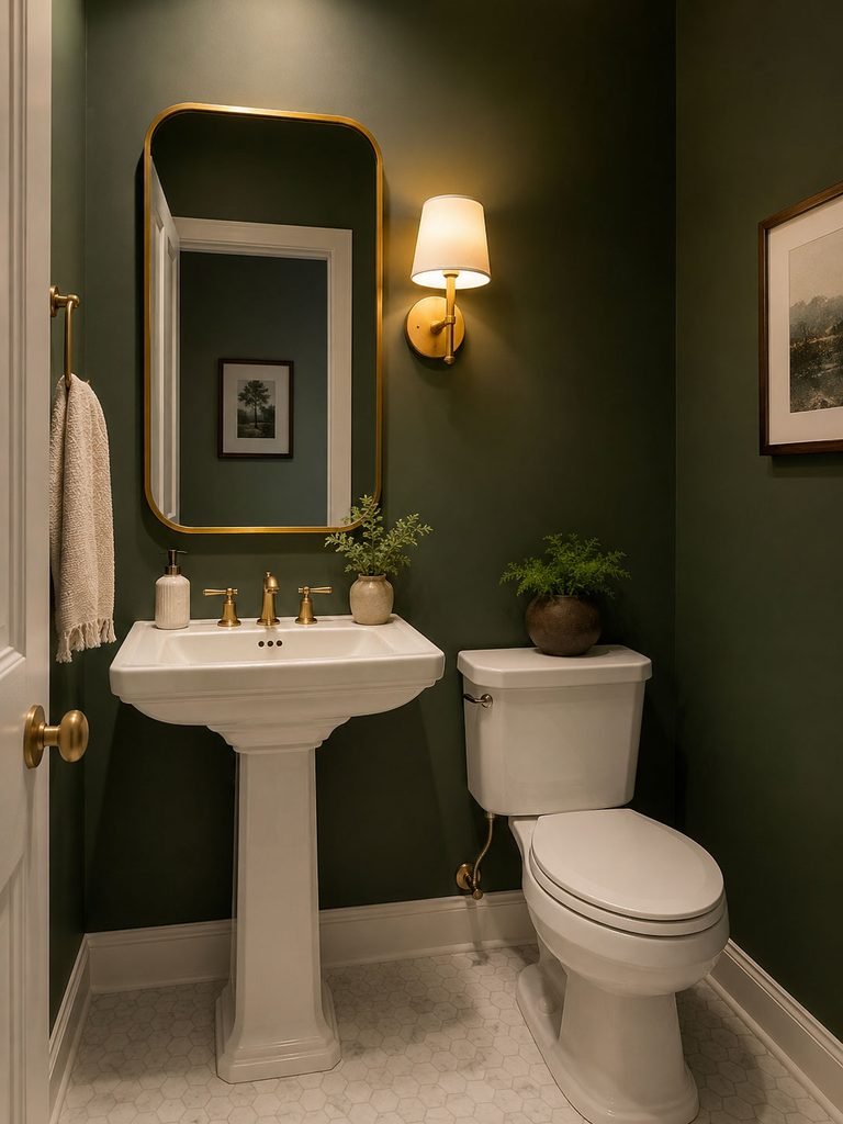 Compact powder room with deep green walls, white fixtures and a simple brass mirror