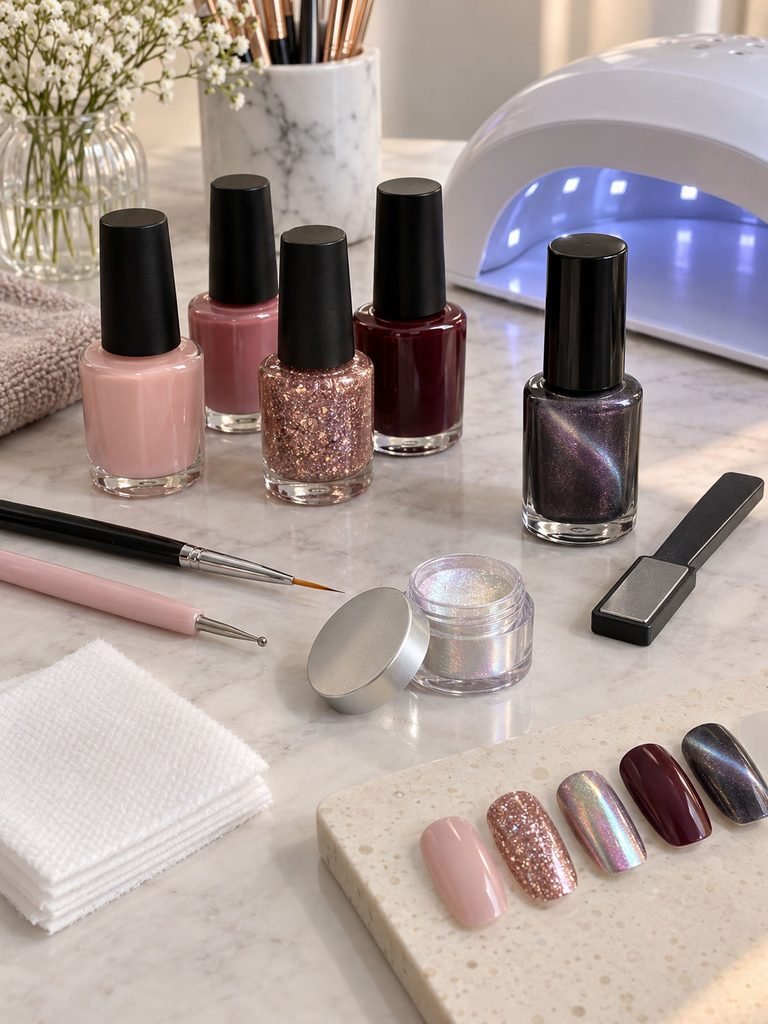 Regular nail polish, fine brush, dotting tool, magnetic polish and magnet beside chrome powder and a nail lamp