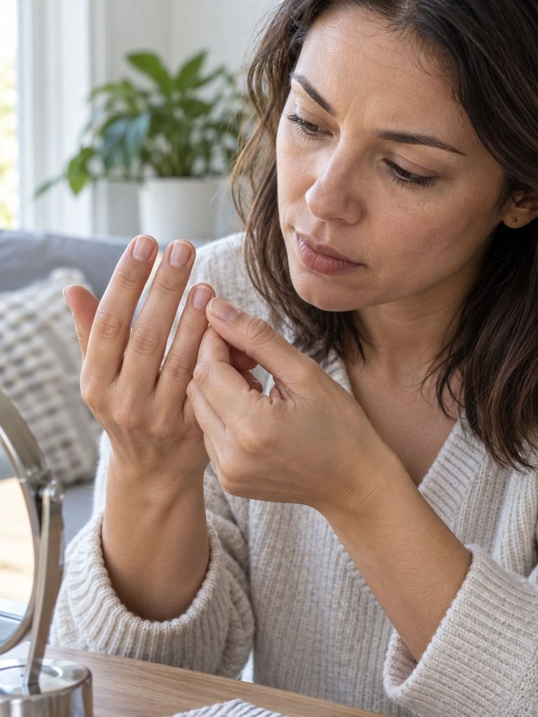 Bare fingernails being examined closely in natural light for changes in color, attachment and surrounding skin