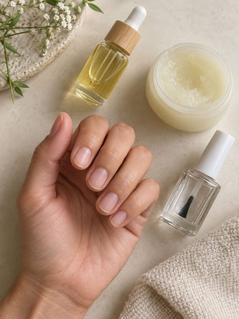 Bare natural nails beside a plain cuticle oil bottle, petroleum jelly and clear nail treatment