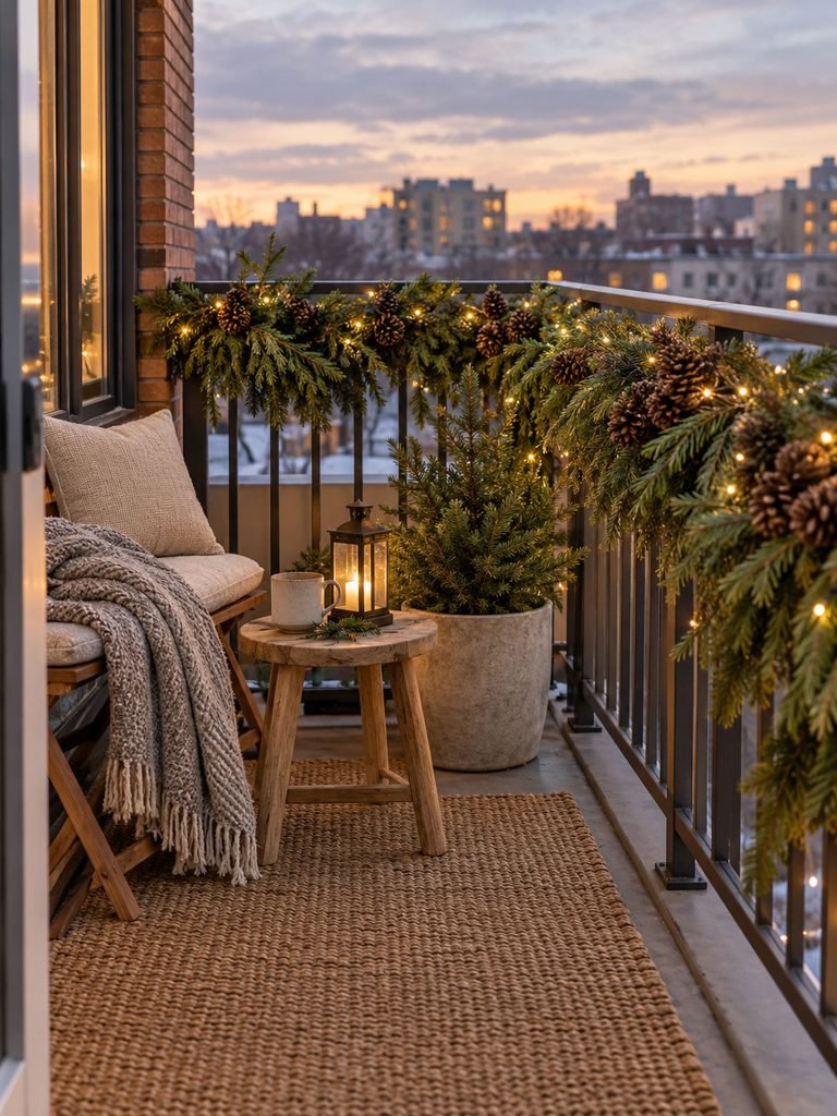 Balcony decorated with evergreen branches, pinecones, simple lights, and natural wood details