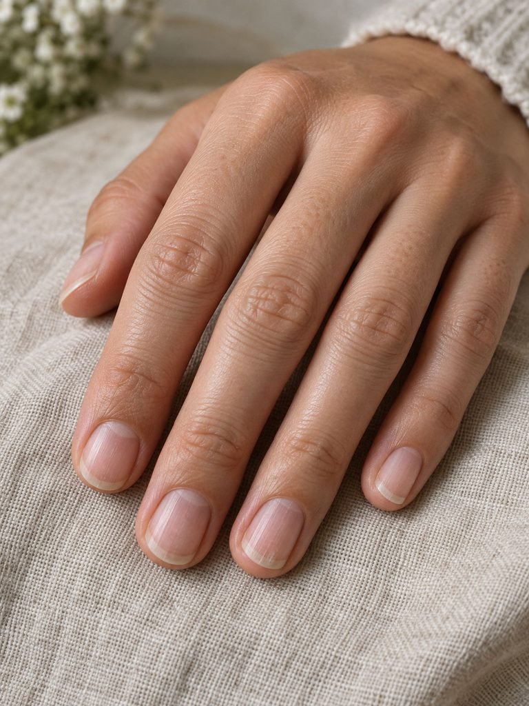 Short natural fingernails at different visible stages of grow out with healthy new nail near the cuticle