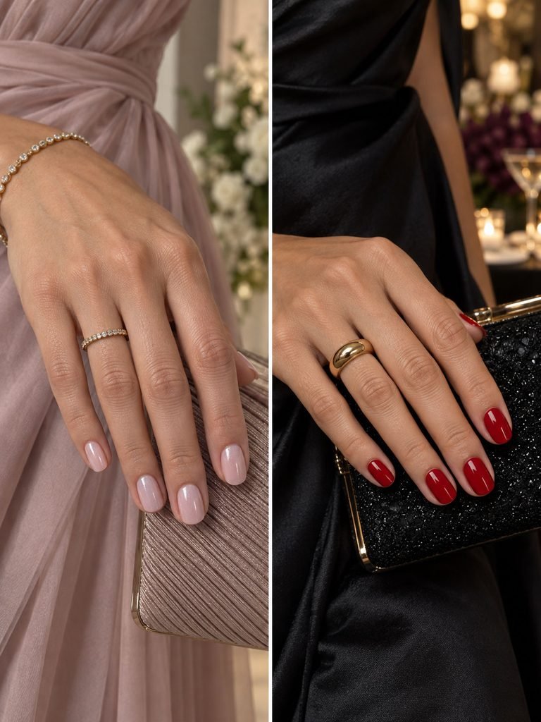 Sheer blush nails and glossy red nails shown as two wedding guest manicure options