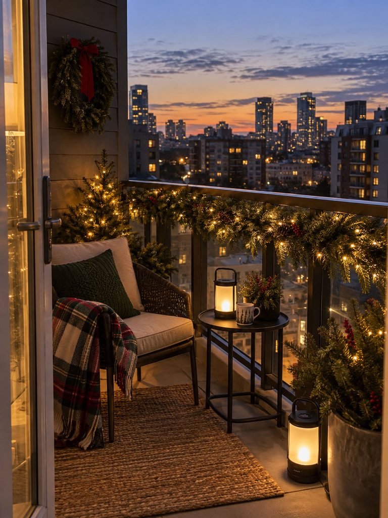 Small balcony lit by rechargeable lanterns and battery operated Christmas lights without a wall outlet