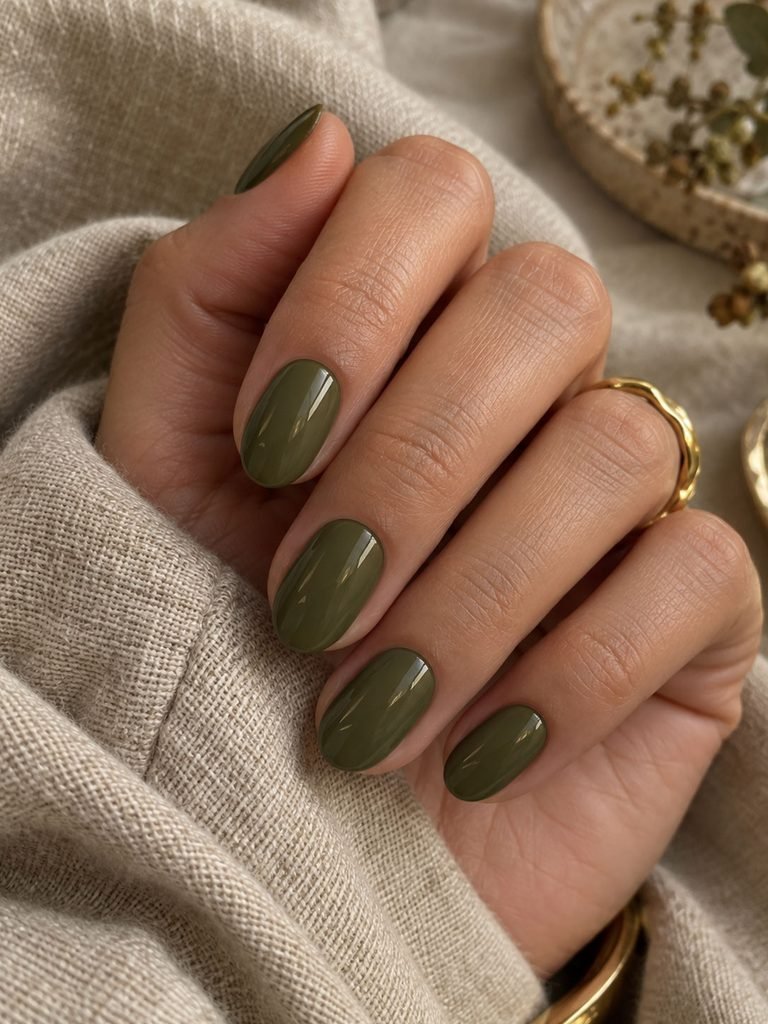 Glossy earthy olive green nails