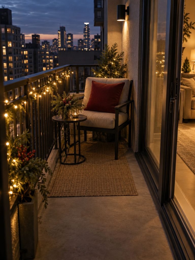 Tiny apartment balcony with one chair, small table, warm lights, and simple Christmas greenery