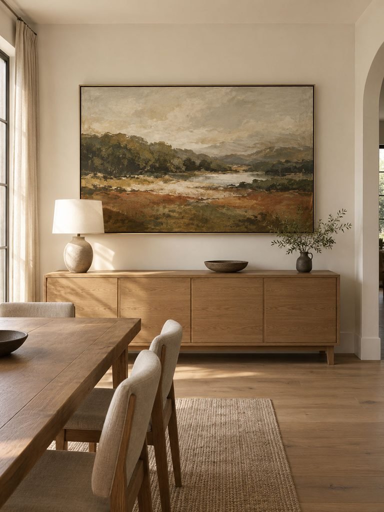 Large landscape artwork centered above a simple dining room sideboard