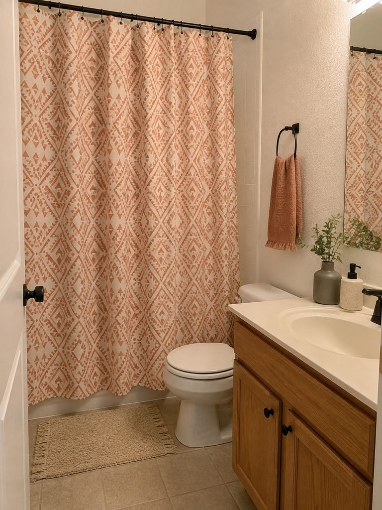 Small white bathroom with one patterned shower curtain and simple coordinated accessories
