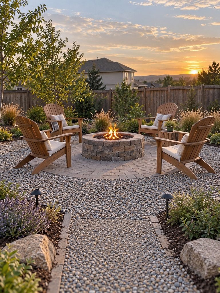 Backyard fire pit on a paver center surrounded by gravel and movable wood chairs