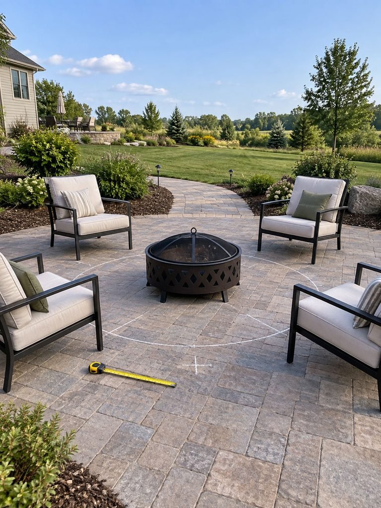 Unlit round fire pit and outdoor chairs being positioned on a spacious paver area