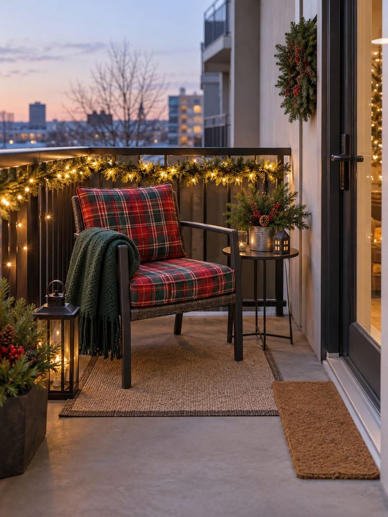 Single balcony chair styled with red plaid cushion, evergreen accents, and warm Christmas lights