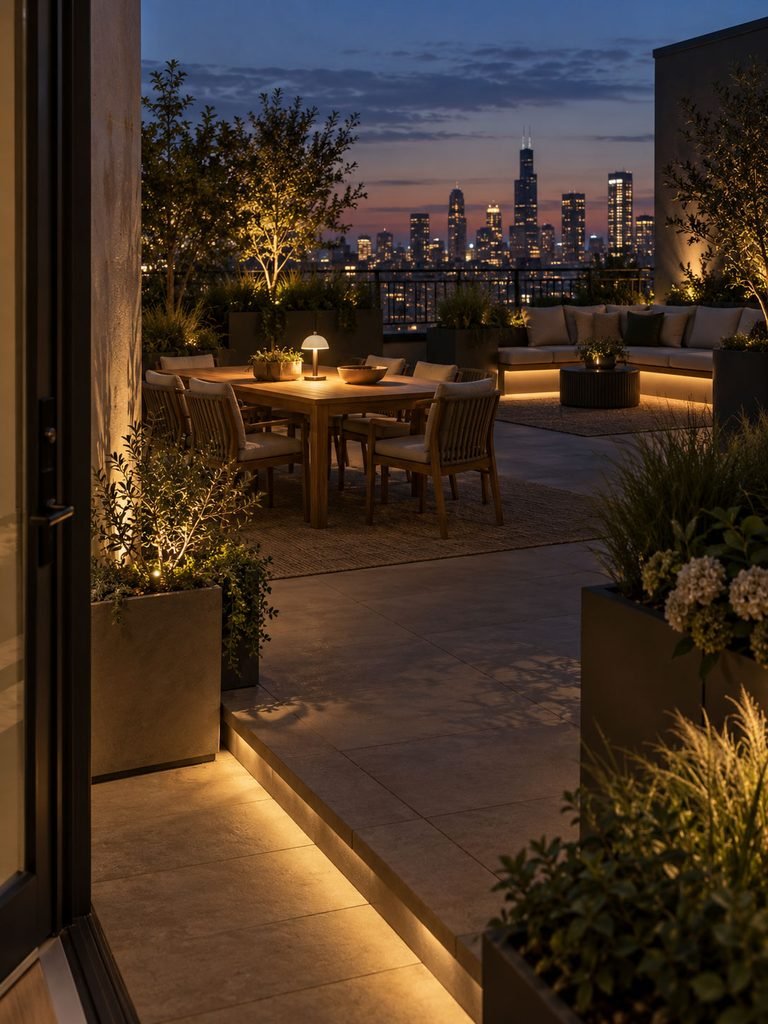 Dining table, lounge seats and rooftop walkway lit at different levels