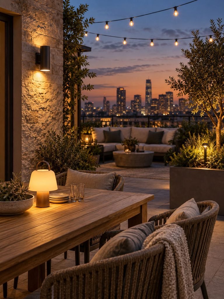 Outdoor wall light, rechargeable table lamp and warm string lights on a rooftop