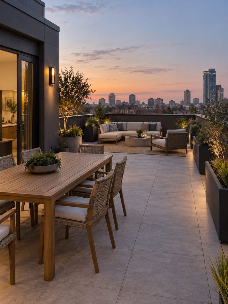 Rooftop dining, lounge and walking areas arranged before lighting fixtures are added