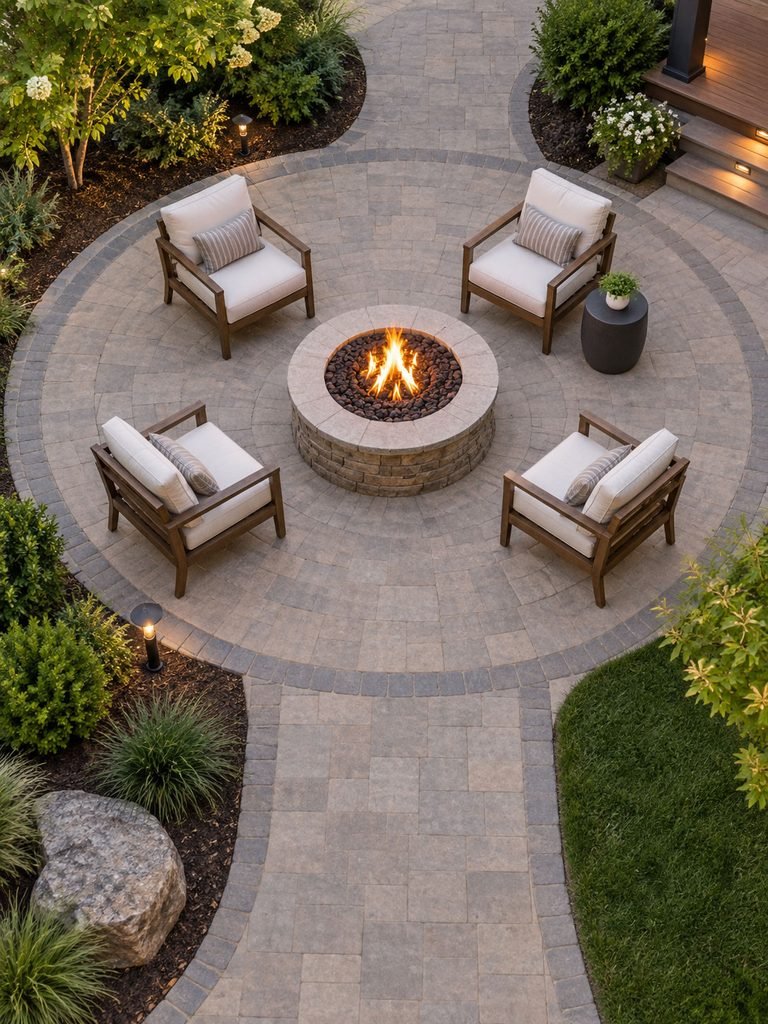Overhead view of four outdoor chairs arranged around a round fire pit with open walking space