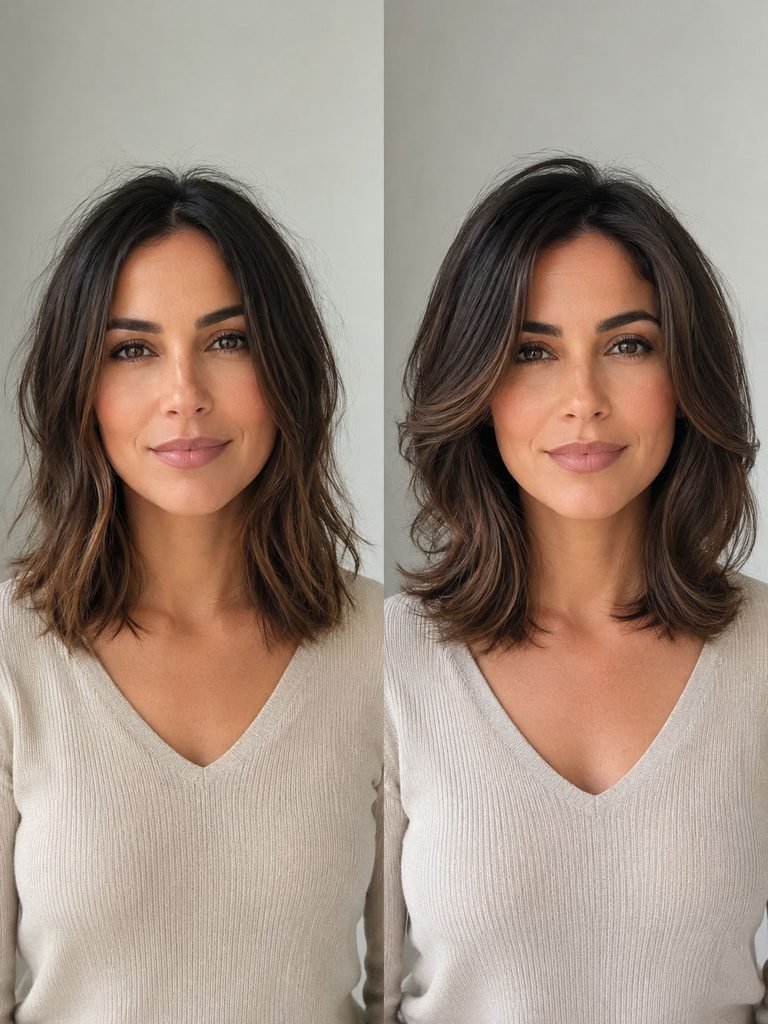 Same woman shown with a medium layered cut air-dried and styled with a blowout