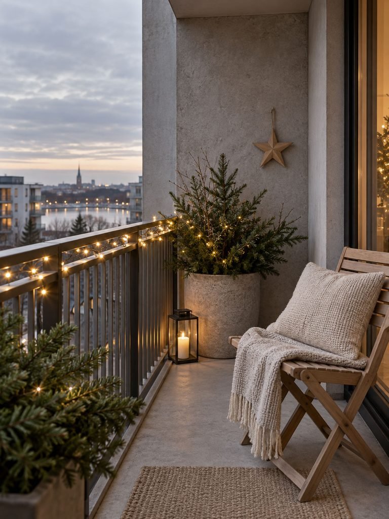 Minimal apartment balcony with evergreen branches, pale wood, cream textiles, and warm white Christmas lights