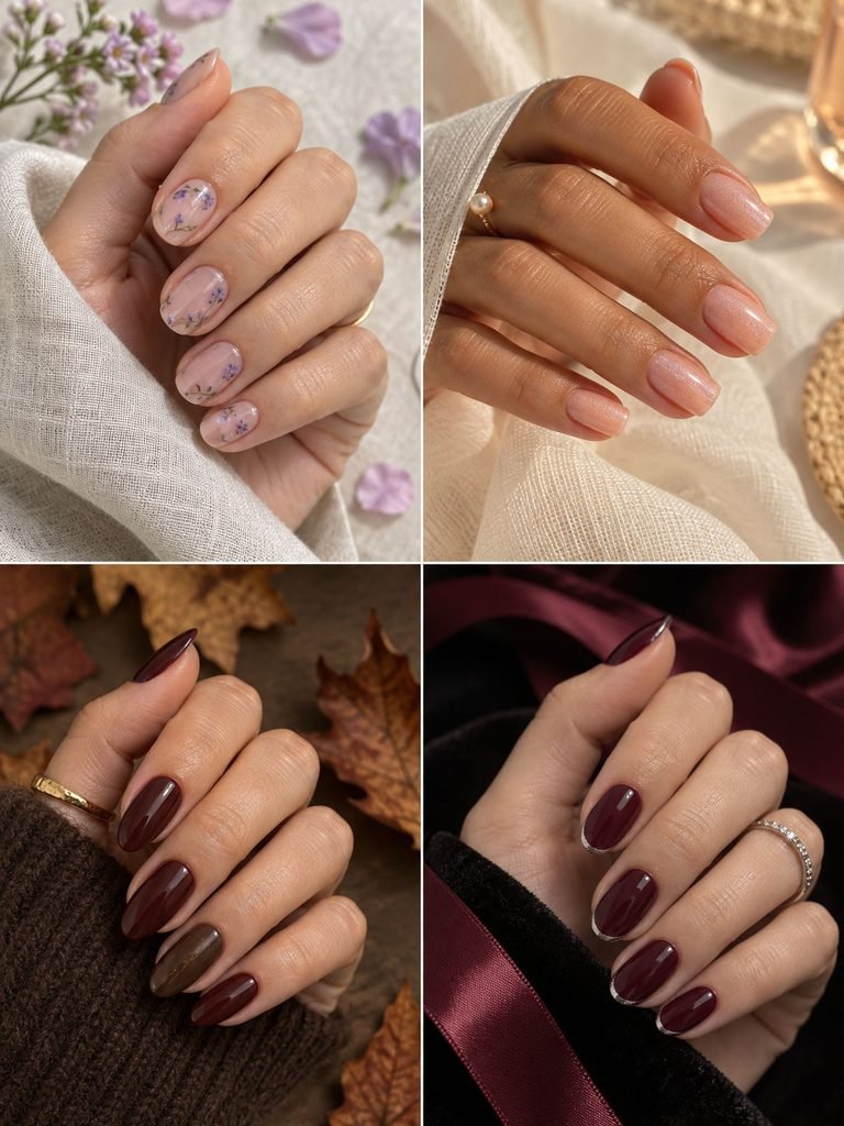 Four wedding guest manicures showing spring, summer, fall and winter color directions