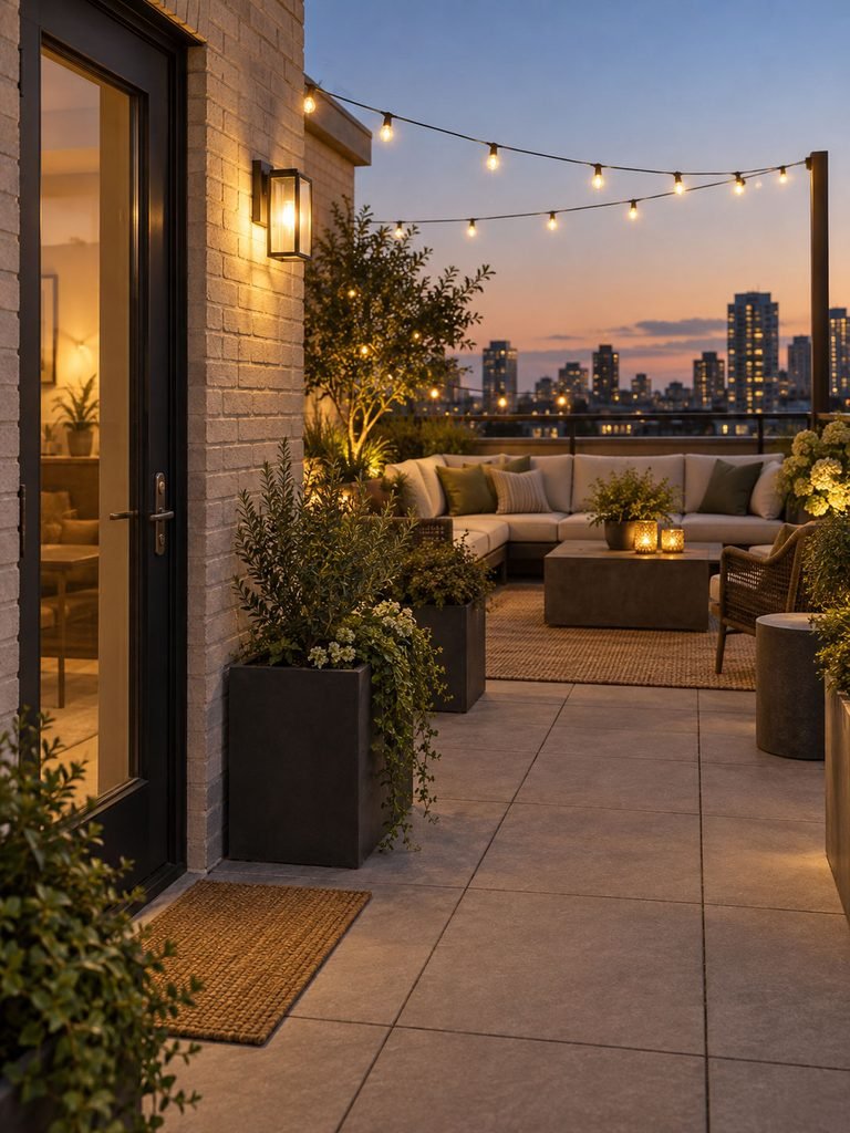 Outdoor wall light and securely supported string lights on an exposed rooftop terrace
