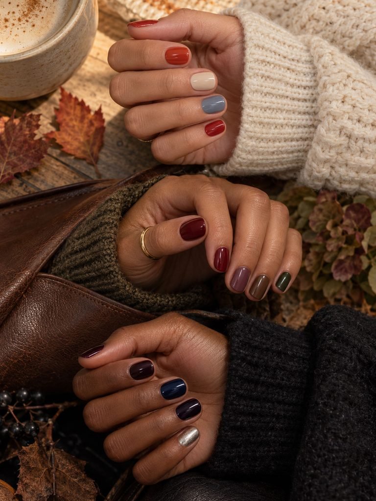 Three hands showing light September, mid fall and deep late fall nail colors