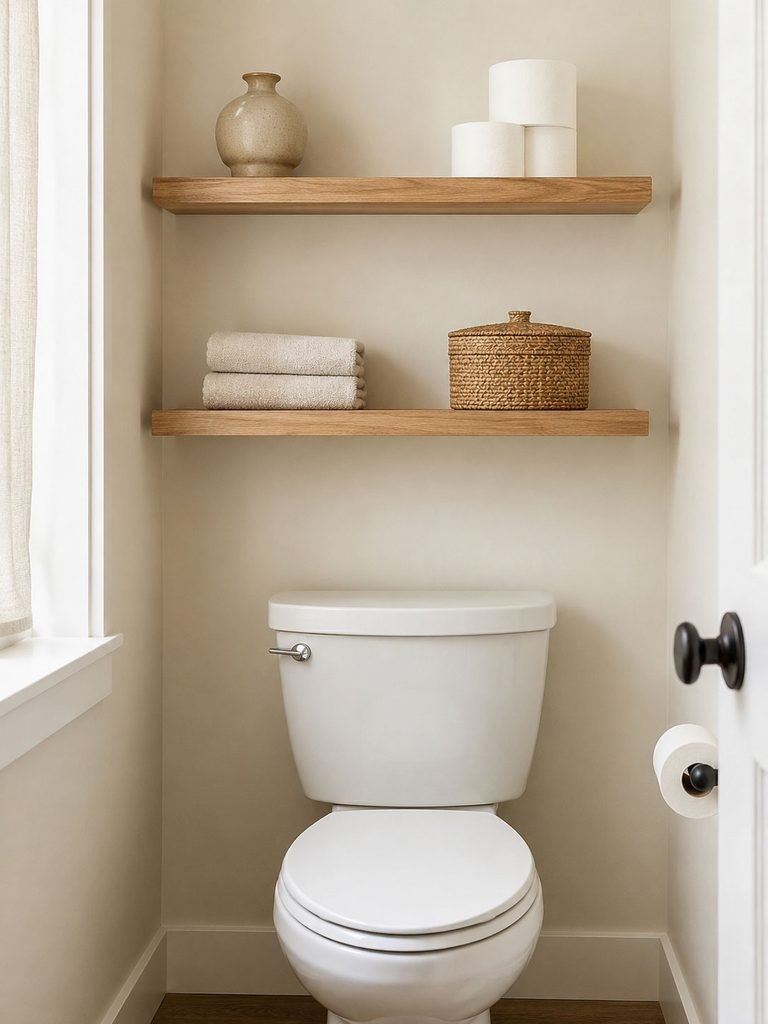 Two shallow wood shelves above a toilet holding towels, a basket and one ceramic object